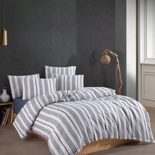 De Linde Home Blauw Striped Dekbedovertrek – Verrijkt met Katoen – Zacht & Ademend – Inclusief Hoeslaken & Kussensloop